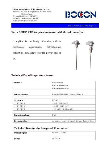 RTD temperature sensor with thread connection TM1502 Form B/BUZ