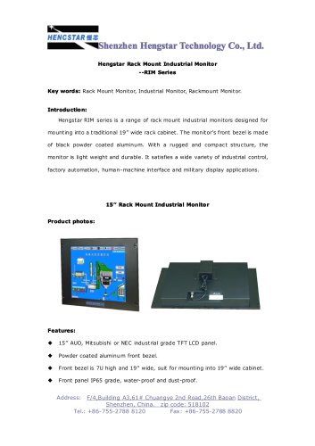 Hengstar Rack Mount Industrial LCD Monitor for Industrial Automation