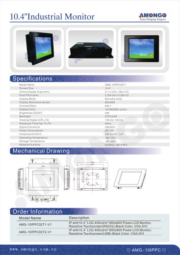 AMONGO 10.4" 800x600 Pixels Resistive Touchscreen 230nits(Industrial Touch Monitor)AMG-10IPPC03T1