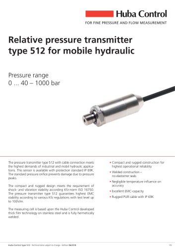 Relative pressure transmitter type 512 for mobile hydraulic